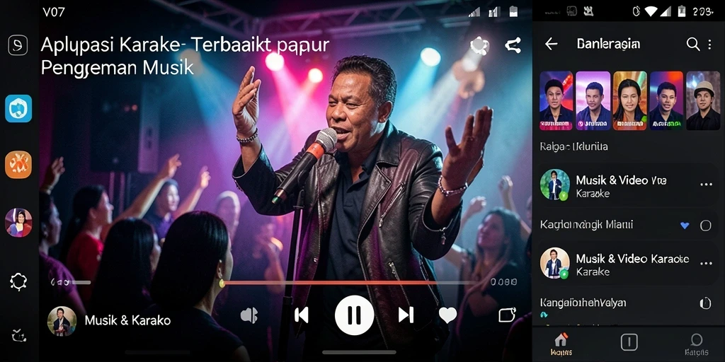 Antarmuka V07 menampilkan pilihan lagu dan lirik yang jelas untuk karaoke.